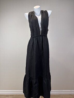lemlem Womens Black Linen Tencel Plunge Open Back Tiered Maxi Dress Size L